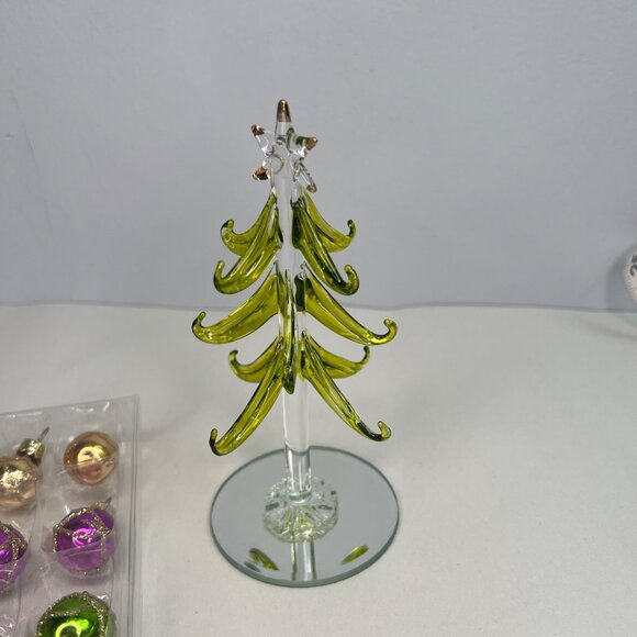 Hand Made Crystal Art Glass Holiday Christmas Trees + 12 Colorful Ornaments - Picture 2 of 10